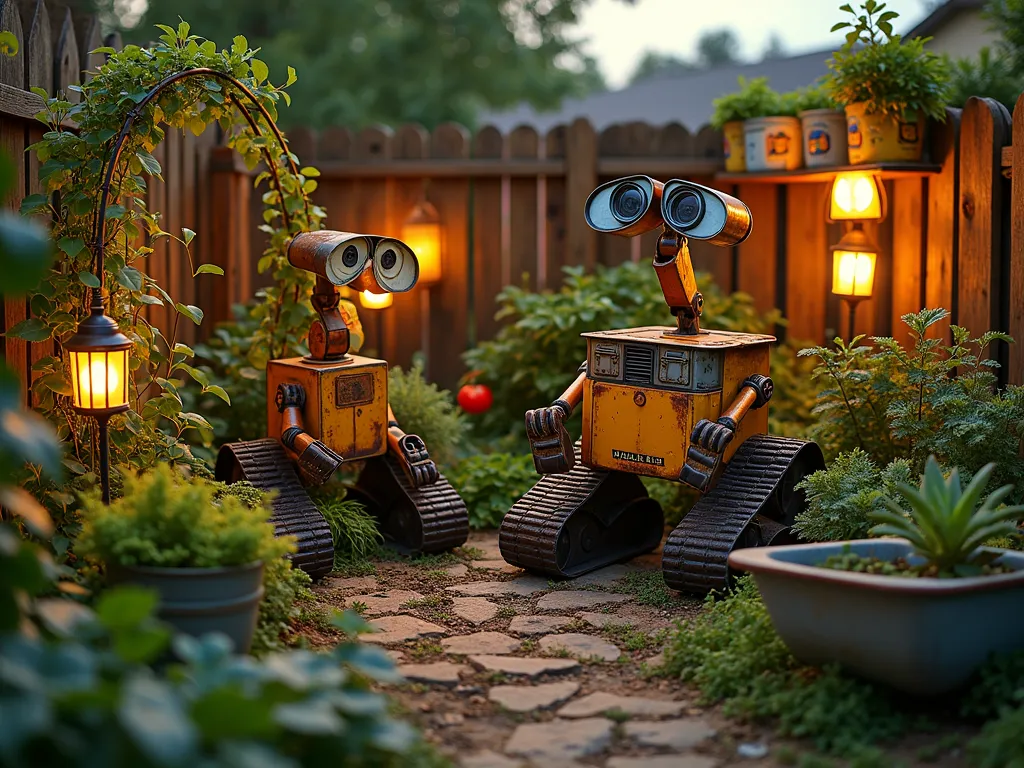 Wall-E Inspired Eco-Garden at Dusk - A whimsical garden scene at dusk featuring recycled materials transformed into creative planters. Wide-angle shot of a backyard garden where old rustic metal containers, vintage boots, and weathered wheelbarrows serve as planters for lush greenery. A handcrafted Wall-E robot figure made from repurposed metal stands as a centerpiece, surrounded by solar-powered lanterns emitting a warm glow. Climbing vines weave through an artistic trellis made from salvaged bicycle parts. Small succulents peek out from teacups and tin cans arranged on reclaimed wooden shelves. The garden includes a rainwater collection system decorated with playful robot-themed artwork. Soft evening light casts long shadows across the sustainable garden paradise, highlighting the metallic elements with a golden hue. Shot with a 16-35mm lens at f/2.8, ISO 400, capturing the magical blend of eco-consciousness and Disney charm.