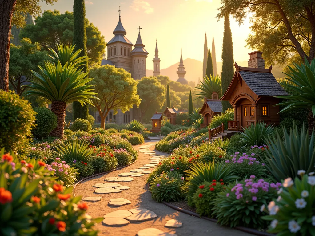 Zootopia-Inspired Wildlife Garden Zones - A magical garden landscape at golden hour, shot with a wide-angle lens showing multiple distinct climate zones inspired by Zootopia. The foreground features a lush rainforest section with dense ferns and tropical flowers, transitioning into a desert garden with succulents and sandy paths. A butterfly garden occupies the center with colorful wildflowers and a charming butterfly house designed like a miniature Zootopia building. Natural stone pathways wind between zones, while bird feeders and small animal houses resembling Zootopia architecture are nestled throughout. Soft evening light filters through the foliage, creating a dreamy atmosphere. Photography style: high-end digital camera, 16-35mm lens, f/2.8, ISO 400, capturing the warm golden hour lighting and rich details.