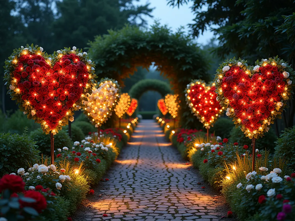 Alice in Wonderland Playing Card Garden - Wide-angle dusk photograph of an enchanting garden path lined with 6-foot-tall playing card-shaped topiaries, created from wire frames covered in blooming white and red climbing roses. The cards appear to march in formation along a winding cobblestone path, with soft garden lights illuminating their shapes from below. Delicate fairy lights are strung between the cards, creating a magical atmosphere. The background features a natural archway covered in ivy and morning glory, while red and white roses carpet the ground beneath. Shot with atmospheric lighting that casts long shadows across the path, captured with a 16-35mm lens at f/2.8, ISO 400, creating a dreamy depth of field.