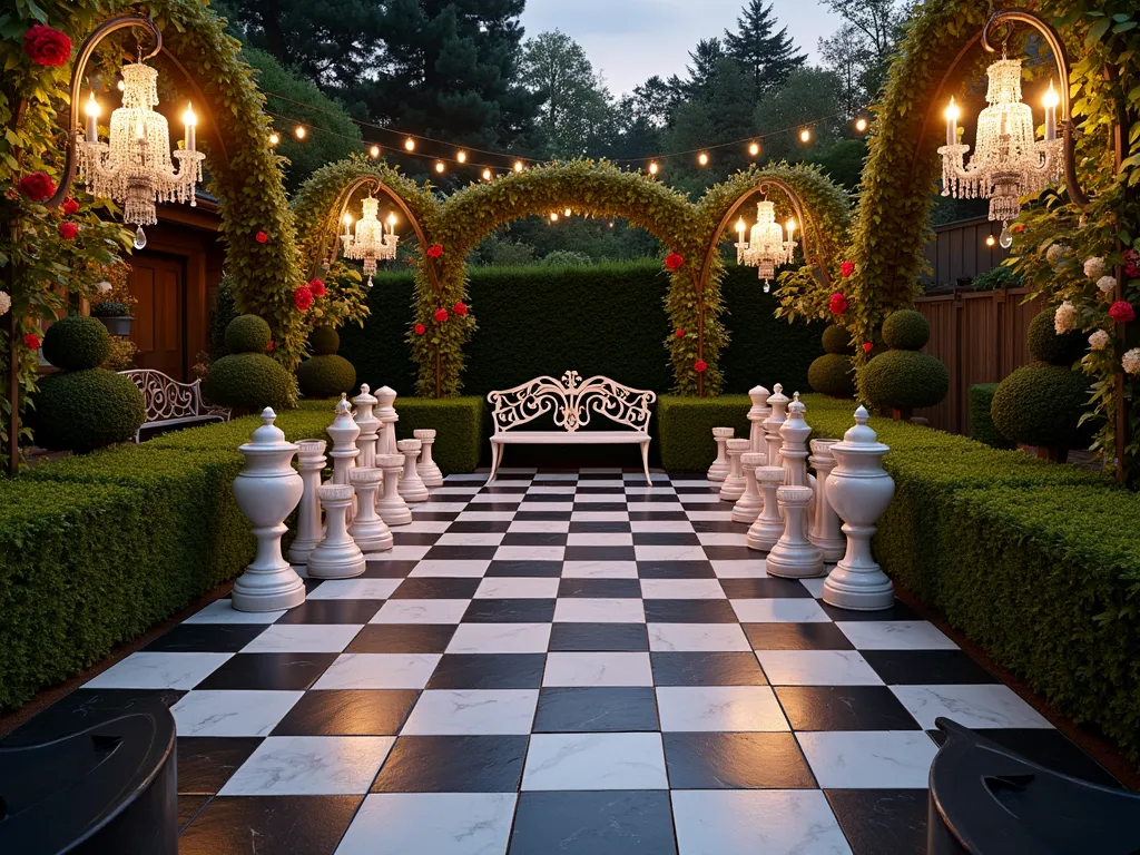 Alice in Wonderland Chess Board Patio - A stunning twilight photograph of an elegant garden patio featuring a large-scale chess board design created with alternating white marble and black slate pavers, shot from a low angle. Whimsical, oversized chess pieces crafted from repurposed garden urns and topiary stand majestically on the board, casting long shadows in the warm evening light. The chess board is surrounded by neatly trimmed boxwood hedges and climbing roses on wrought iron arches, with twinkling garden lights strung overhead. Crystal chandeliers hanging from ornate shepherd's hooks illuminate the scene, while red and white roses frame the edges of the patio. A vintage iron garden bench with heart-shaped details sits at one end, photographed with a DSLR camera using a wide-angle lens, creating a dreamy depth of field that captures the magical Wonderland atmosphere.