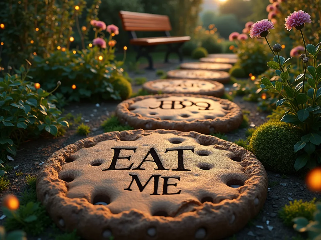 Whimsical Cookie Stepping Stone Path - A enchanting garden pathway at dusk, featuring oversized, weathered concrete stepping stones meticulously crafted to look like giant chocolate chip cookies. Each circular stone is hand-painted with realistic cookie textures and has 'EAT ME' written in elegant Victorian-style lettering. The path winds through a lush garden with moss-covered edges, while delicate fairy lights twinkle among surrounding flowering bushes. Low-angle perspective captures the magical atmosphere, with a vintage garden bench visible in the background. Soft, warm lighting creates long shadows across the cookie stones, while fireflies add ethereal spots of light throughout the scene.