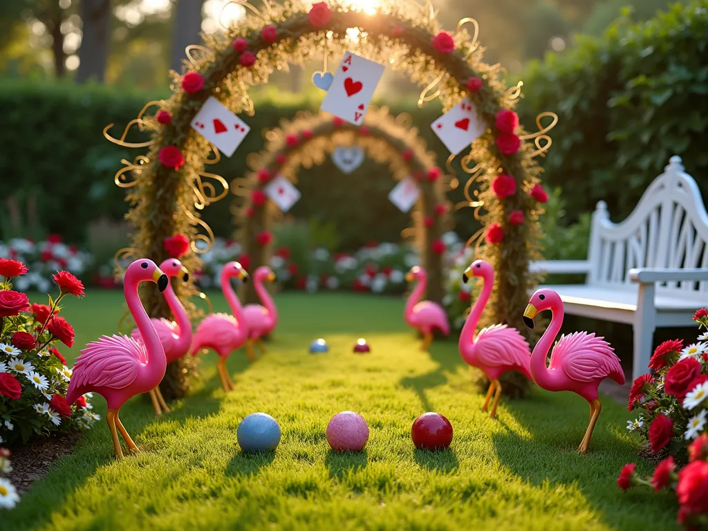 Alice in Wonderland Flamingo Croquet Garden Display - A whimsical garden scene at golden hour, shot at f/2.8 with a 16-35mm lens, featuring an elaborate croquet setup on a manicured lawn. Pink plastic flamingo ornaments, transformed into croquet mallets with gold-painted necks and heads, stand artfully arranged. Painted hedgehog-shaped balls in vibrant colors rest on the grass. Ornate golden wire hoops decorated with oversized playing cards arch across the lawn, creating a magical pathway. Red roses and white daisies border the croquet court, while a decorated garden archway with climbing roses and twisted vines frames the scene. Soft evening light casts long shadows across the grass, creating a dreamy, storybook atmosphere. A traditional white garden bench with heart-shaped details sits to one side, complementing the Queen of Hearts theme.