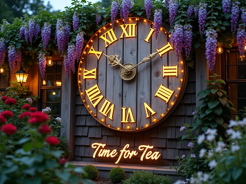 Alice in Wonderland Time Garden Clock - A whimsical garden scene at dusk featuring a large rustic clock face (6:00) crafted from weathered wooden pallets, photographed from a slight low angle. The clock, measuring 8 feet in diameter, is mounted on a garden wall covered in climbing purple wisteria and English ivy. Ornate Victorian-style clock hands painted in metallic gold point to 6 o'clock. Below the clock, elegant cursive metal lettering reads 'Time for Tea' illuminated by warm garden lights. The surrounding garden includes a border of red roses, purple delphiniums, and white foxgloves creating a dreamy wonderland atmosphere. Soft twilight lighting casts gentle shadows, while string lights weaved through the vines add a magical glow. The clock face features hand-painted gold Roman numerals with slightly distressed edges for a vintage feel. Shot with shallow depth of field focusing on the clock face while keeping the lush garden setting visible but softly blurred.