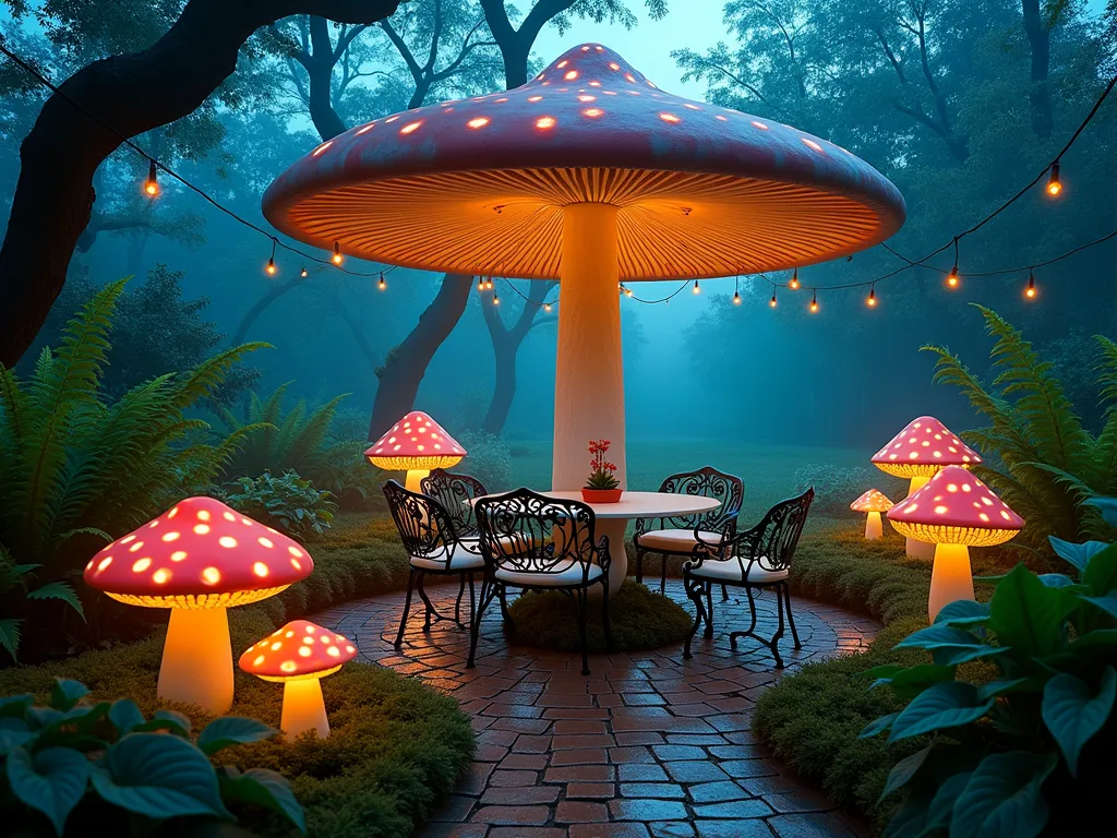 Whimsical Mushroom Garden Lounge at Dusk - A magical twilight garden scene featuring a large, illuminated mushroom-shaped pavilion with a red and white spotted cap serving as a central seating area. Wide-angle shot capturing ornate wrought iron furniture beneath the mushroom canopy, surrounded by a circle of glowing smaller mushroom stools in varying sizes. Ethereal blue and green uplighting creates a misty atmosphere, while fairy lights strung between the mushrooms add sparkle. Tall ferns and hostas border the space, with moss-covered pathways leading to the seating area. Shot at dusk with the mushroom structures casting enchanting shadows, photographed with a dreamy depth of field that emphasizes the magical atmosphere. 16-35mm lens capturing the entire whimsical scene with rich detail and atmospheric lighting.