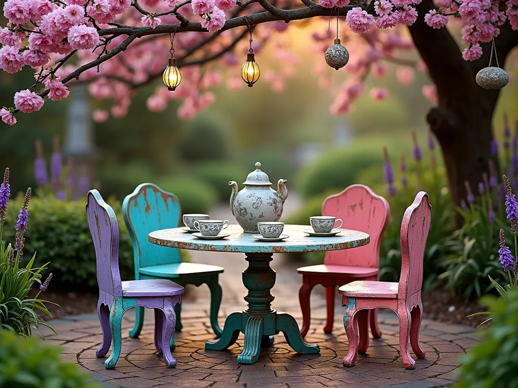 Whimsical Alice in Wonderland Outdoor Tea Party Setting - A magical garden scene at golden hour featuring a permanent outdoor tea party setting under a flowering cherry blossom tree. A weathered vintage round table painted in swirling pastel patterns sits center stage on a circular brick patio. Surrounding it are three mismatched Victorian-style chairs, each uniquely painted - one in bright turquoise with gold accents, another in deep purple with silver swirls, and a third in coral pink with white dots. Concrete teacups and saucers are permanently fixed to the table, painted in whimsical patterns, alongside a large decorative concrete teapot with moss growing on its surface. Hanging from the tree branches are vintage-style lanterns and mixed-sized mercury glass orbs that catch the evening light. Wild English roses and tall purple delphiniums frame the scene, while a cobblestone pathway leads to this enchanted setting. Shot with a wide-angle lens to capture the entire magical atmosphere, with selective focus on the table setting while maintaining the dreamy background bokeh of the garden.