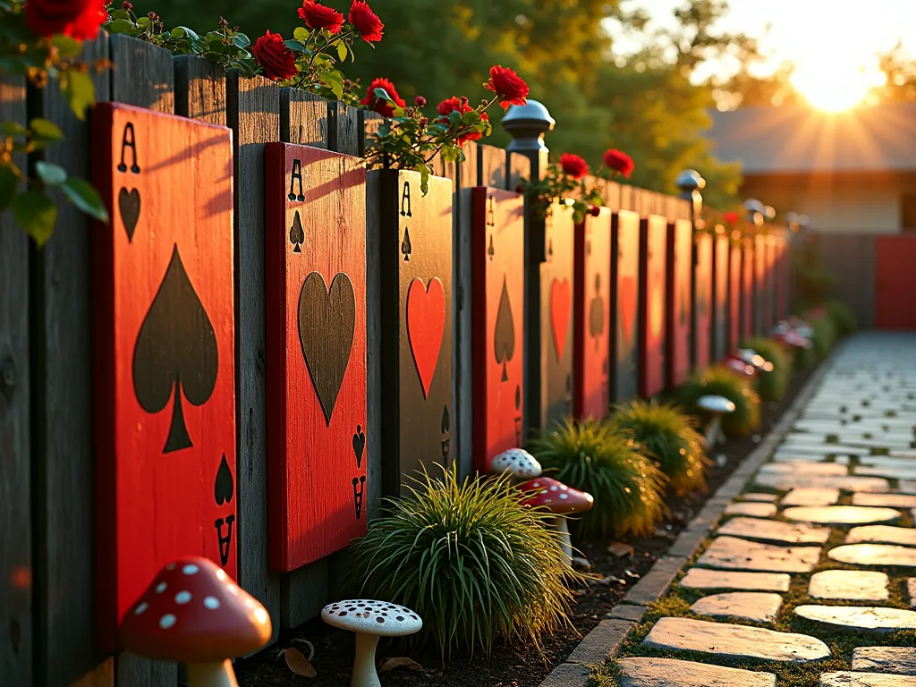 Alice in Wonderland Playing Card Garden Fence - A whimsical garden fence photographed at golden hour, where each wooden panel is meticulously painted to resemble oversized playing cards from a standard deck. The 6-foot tall fence panels alternate between red and black suits, featuring hearts, spades, diamonds, and clubs in a theatrical display. The cards appear to be standing at attention, with climbing red roses and white roses intertwining between the panels. A cobblestone pathway leads alongside the fence, while ornamental grass and mushroom decorations dot the garden bed below. The scene is captured with a wide-angle lens, creating depth and drama as the fence extends into the distance, with warm sunlight casting long shadows and giving the cards a magical glow. Professional DSLR photography with crisp detail and perfect exposure, f/8, ISO 100, 1/125 sec.