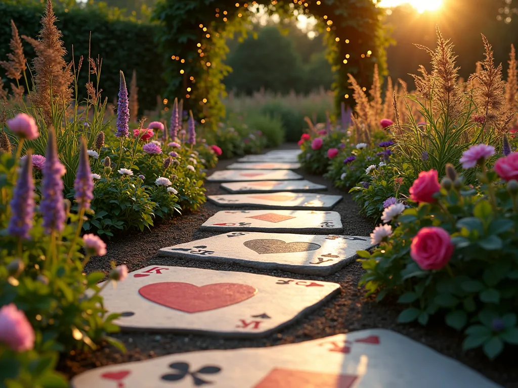 Alice in Wonderland Playing Card Garden Path - A whimsical garden pathway shot at golden hour, featuring oversized concrete stepping stones painted as playing cards, photographed from a low perspective with a 16-35mm lens, f/2.8, ISO 400. The path winds through a lush garden, with each stepping stone meticulously painted to resemble classic playing cards - hearts, diamonds, clubs, and spades in rich reds and blacks. Magical garden lighting casts a warm glow on the path, while English roses and purple foxgloves line the edges. Ornamental grasses sway gently between the cards, with delicate fairy lights twinkling among the foliage. A vintage wrought iron archway covered in climbing roses frames the scene in the background, creating depth and enchantment.