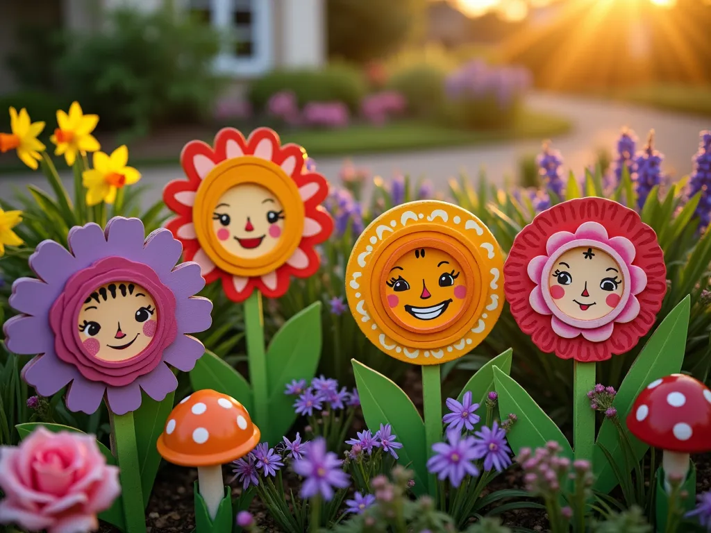 Whimsical Alice in Wonderland Talking Flower Garden - Close-up shot during golden hour of an enchanting garden bed featuring oversized hand-painted wooden flower faces nestled among real blooming flowers. Colorful wooden cutouts shaped like roses, daisies, and tulips with expressive faces painted in vibrant colors are artfully arranged among living pink roses, purple delphiniums, and yellow daffodils. Soft sunset lighting casts warm shadows across the playful expressions of the wooden flowers, while small solar lanterns are strategically placed to create a magical glow. Hidden speakers disguised as mushrooms peek out between the flowers. Shot with shallow depth of field highlighting the intricate details of both painted and real flowers, creating a dreamy, storybook atmosphere. In the background, a slightly blurred cottage-style garden path winds through more traditional plantings. Digital photograph captured with a 16-35mm lens at 35mm, f/2.8, ISO 400.