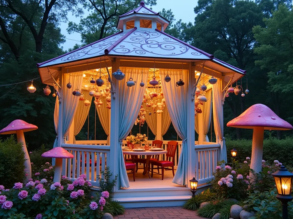 Whimsical Alice in Wonderland Tea Party Gazebo - Enchanting garden gazebo at dusk, transformed into a magical Wonderland tea room, photographed from a wide angle. Victorian-style white gazebo painted with swirling patterns in purple and gold, featuring mismatched vintage curtains in pastel blues and pinks billowing in the breeze. Dozens of vintage teacups and teapots hanging from the ceiling on colorful ribbons, creating a whimsical chandelier effect. Strands of oversized playing cards draped across the rafters, intertwined with warm fairy lights. Surrounding the gazebo are flowering rose bushes in pink and white, with giant decorative mushrooms dotting the garden path. Soft twilight glow creates a magical atmosphere, with lanterns casting a warm, ethereal light across the scene. Professional photography, magical atmosphere, high detail, architectural photography.