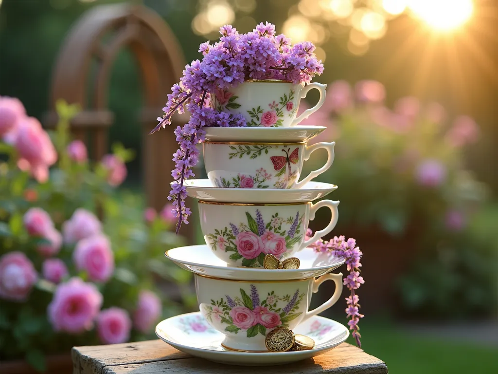 Whimsical Teacup Tower Garden Feature - Close-up shot of a magical 4-foot tall tower made from vintage porcelain teacups and saucers in a cottage garden setting, photographed during golden hour. The teacups, arranged in a spiraling pattern, feature a mix of traditional floral patterns and hand-painted pastel colors. Purple trailing lobelia, pink baby's breath, and fresh mint cascade dramatically from each cup level, creating a waterfall effect. Soft bokeh background shows blooming roses and a rustic garden arch. Warm evening sunlight filters through the plants, creating ethereal highlights on the porcelain surfaces. A few whimsical butterfly decorations are perched on the cups' edges, and an ornate brass pocket watch hangs from one handle. Shot with shallow depth of field to enhance the dreamlike quality.