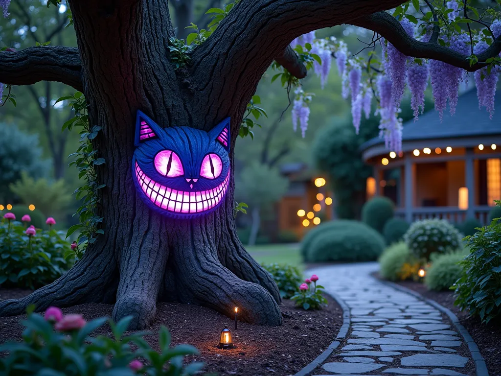 Mystical Cheshire Cat Tree Art in Twilight Garden - A DSLR wide-angle shot of an enchanting garden at twilight, featuring a gnarled old oak tree trunk artistically painted with the Cheshire Cat's luminescent purple and blue grin and eyes. The face appears to be mysteriously materializing from the bark, with parts fading into the natural tree texture. Soft garden lights illuminate the scene, creating an ethereal glow around the tree. Climbing roses and trailing wisteria frame the painted tree trunk, while mushroom-shaped solar lights dot the surrounding garden bed. A curved cobblestone path leads to the magical tree installation, with soft-focus fairy lights twinkling in the background. The composition captures the whimsical and mysterious essence of Alice in Wonderland, photographed with perfect depth of field showing intricate bark details and the surrounding garden landscape.