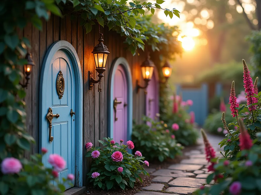 Enchanted Garden Key Quest - A whimsical twilight garden scene captured with a wide-angle lens, showing a charming cottage-style garden path winding through blooming roses and foxgloves. Multiple ornate Victorian-style doors of varying sizes (8 inches to 3 feet tall) are mounted on a weathered wooden fence, painted in pastel blues and purples. Vintage golden keys of different sizes hang from delicate copper chains on overhanging tree branches, catching the warm golden hour light. Some keys are partially hidden among climbing ivy and morning glories. The scene is illuminated by scattered garden lanterns creating a magical atmosphere with soft bokeh effects. DSLR shot at f/8, ISO 100, 1/125, capturing the enchanting interplay of natural sunset light and garden illumination.