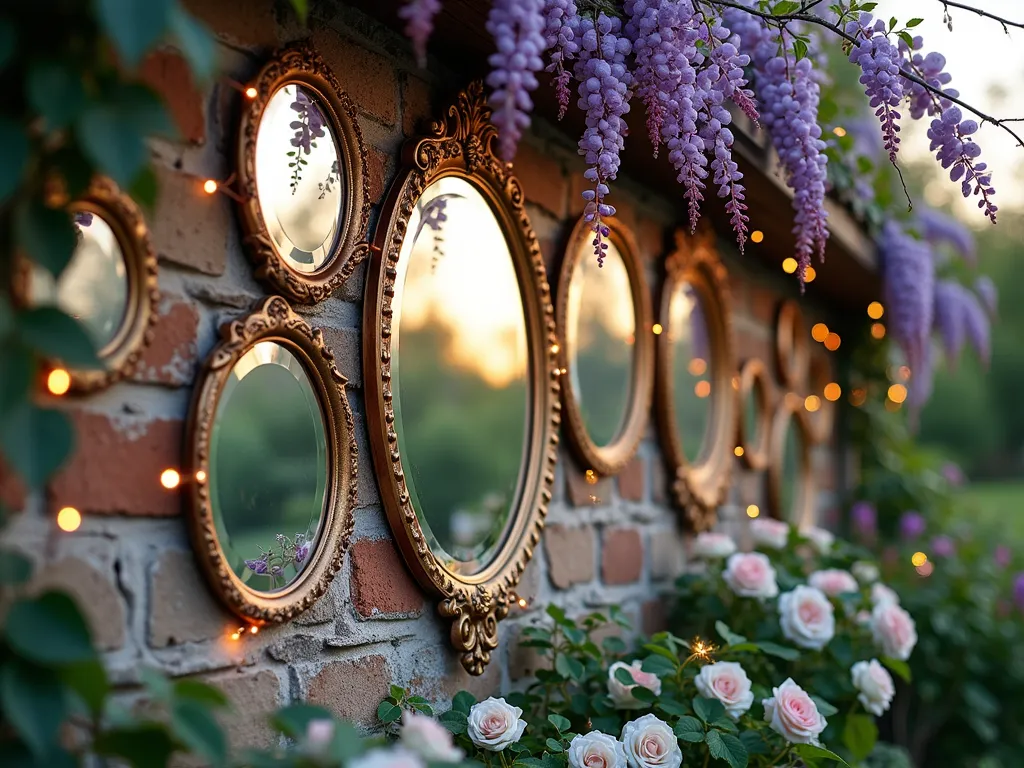 Enchanted Looking Glass Garden Wall - A whimsical garden wall composition featuring an artful arrangement of vintage-style outdoor mirrors in various ornate shapes and sizes, photographed at golden hour. The mirrors are elegantly arranged in a collage pattern against a weathered stone wall, with climbing purple wisteria and white moonflowers weaving naturally between them. Delicate copper wire fairy lights twinkle around the mirror frames, while English ivy and climbing roses in soft pink hues cascade around the edges. The mirrors reflect a beautiful cottage garden setting, creating an illusion of infinite garden spaces. Shot with shallow depth of field focusing on the central baroque-style mirror, with dreamy bokeh effects on the reflected garden elements. DSLR, f/8, ISO 100, 1/125s, natural sunset lighting casting a warm, ethereal glow.