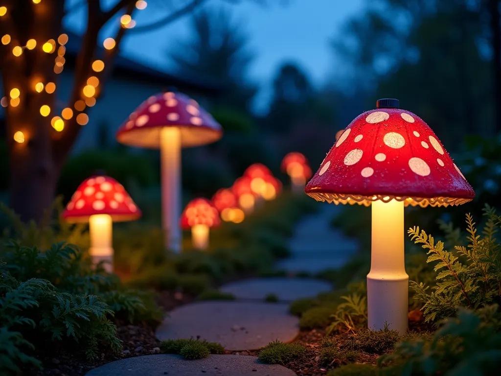 Enchanted Mushroom Garden Lights at Dusk - A whimsical twilight garden scene captured with a wide-angle lens, featuring handcrafted glowing mushroom lights scattered along a winding garden path. Large, spotted mushroom caps made from painted plastic bowls emit a soft, warm glow through solar-powered lights, standing at varying heights on white PVC pipe stems. The mushrooms range from 2-4 feet tall, with red and white spotted caps creating a magical Alice in Wonderland atmosphere. Ambient light catches dewdrops on surrounding ferns and moss, while string lights twinkle in the background trees. The scene is photographed during blue hour, creating a dreamy, ethereal atmosphere with the glowing mushrooms as the main focal point. Shot at f/2.8 with shallow depth of field, capturing the magical bokeh of the illuminated mushrooms against the deepening twilight sky.