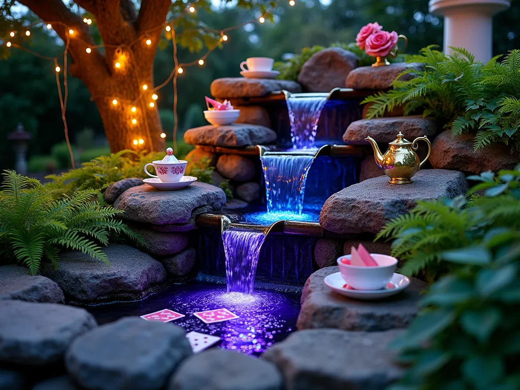 Enchanted Alice in Wonderland Teacup Cascade - A magical garden waterfall feature at dusk, photographed with a wide-angle lens, featuring vintage porcelain teacups and brass teapots cascading down natural stone tiers. Each vessel appears to pour shimmering water into the next, creating a mesmerizing flow. Strategically placed LED uplights in blues and purples illuminate the water streams, while floating playing cards and origami boats drift in the collection pool below. Surrounding the feature are lush ferns and climbing roses, with strands of fairy lights wrapped around nearby tree branches. The scene is captured with perfect exposure to highlight both the water's movement and the ethereal lighting, creating a dreamy atmosphere in this backyard wonderland setting.