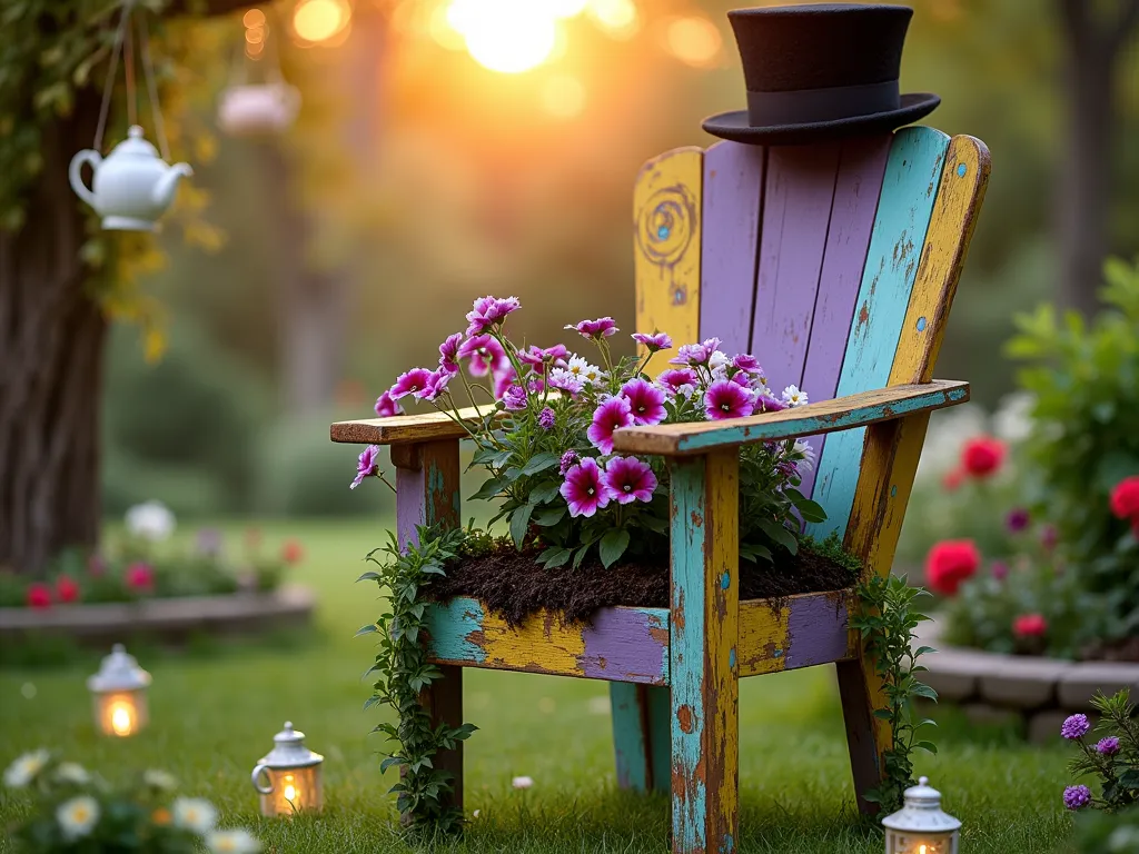 Whimsical Mad Hatter Chair Garden Planter - A vintage wooden chair transformed into a whimsical garden planter, photographed during golden hour in a cottage garden setting. The chair is painted in vibrant mismatched patterns - purple swirls on the backrest, yellow checkers on the legs, and turquoise polka dots on the sides. The seat is filled with rich soil and overflowing with cascading purple petunias, pink lobelia, and ivy trailing down the chair legs. A large black top hat planter sits atop the chair's back, filled with red roses and white daisies. The scene is captured from a slight low angle, with soft bokeh effect in the background showing blurred tea cups hanging from nearby tree branches. Magical garden lighting adds a dreamy atmosphere, with small lanterns and fairy lights twinkling around the chair installation.