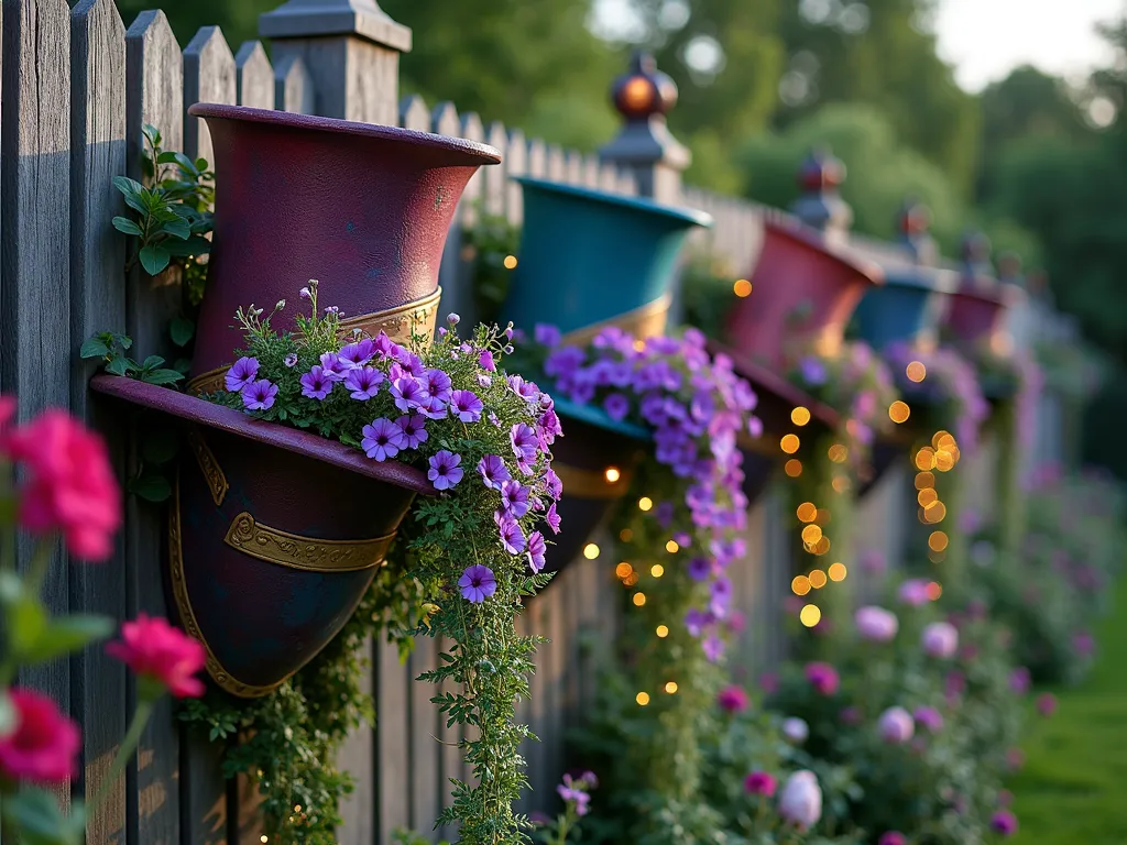 Whimsical Mad Hatter Garden Wall - A magical garden scene at dusk featuring an enchanting vintage wooden fence adorned with oversized top hats transformed into planters, artistically arranged at varying heights. The hats are painted in vibrant teals, purples, and rich burgundies, with gold accents catching the warm evening light. Cascading purple petunias, pink trailing verbena, and silver dichondra spill dramatically from each hat, creating living waterfalls of flowers. Soft twinkle lights are intertwined among the plantings, creating a dreamy, wonderland atmosphere. The scene is photographed from a slight low angle, showcasing the full vertical arrangement against a softly blurred garden background with mature roses and whimsical garden ornaments.