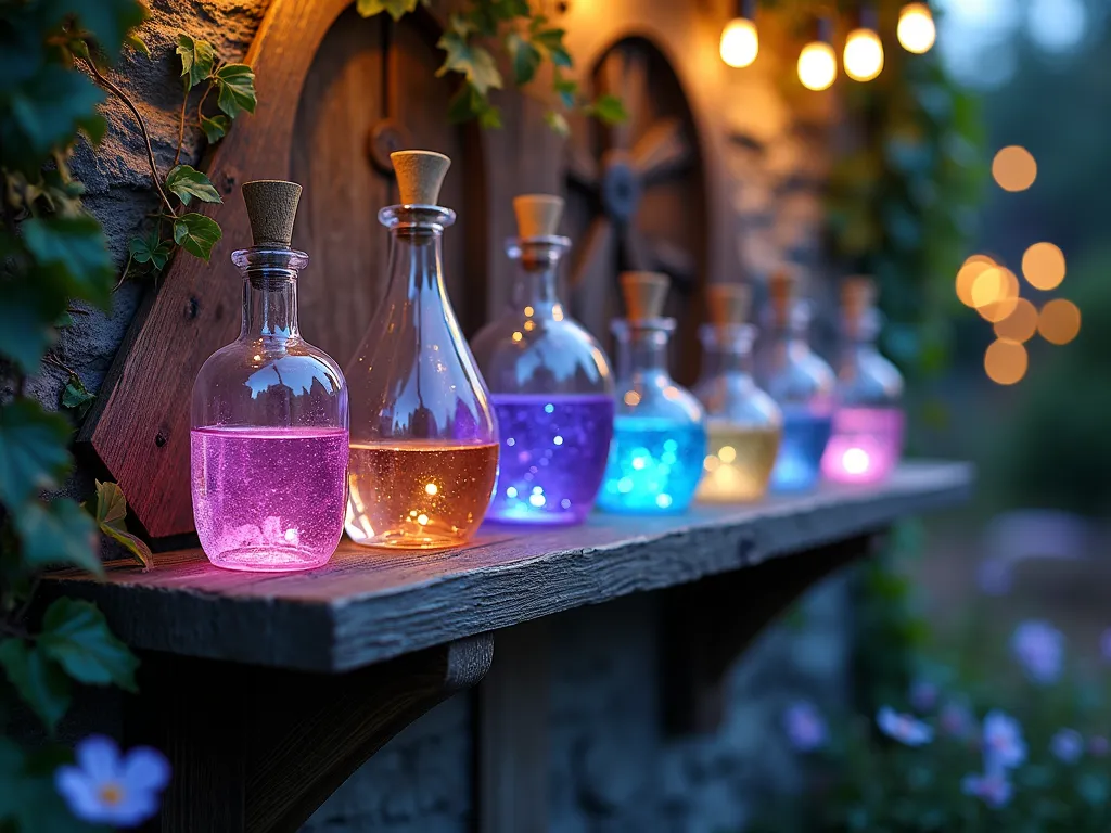 Enchanted Alice in Wonderland Drink Me Bottle Display at Twilight - A close-up magical garden scene at twilight featuring an ornate weathered wooden shelf mounted on a stone garden wall, showcasing a collection of whimsical 'Drink Me' bottles of varying sizes. The glass bottles range from tiny delicate vials to oversized vintage-style apothecary jars, filled with luminescent liquids in ethereal colors of purple, blue, and pink. Warm LED lights illuminate the bottles from within, casting enchanting colored shadows on the wall. Climbing ivy and moonflowers frame the display, while string lights twinkle in the background. The scene is captured with shallow depth of field, emphasizing the magical glow of the bottles against the softly blurred garden setting.