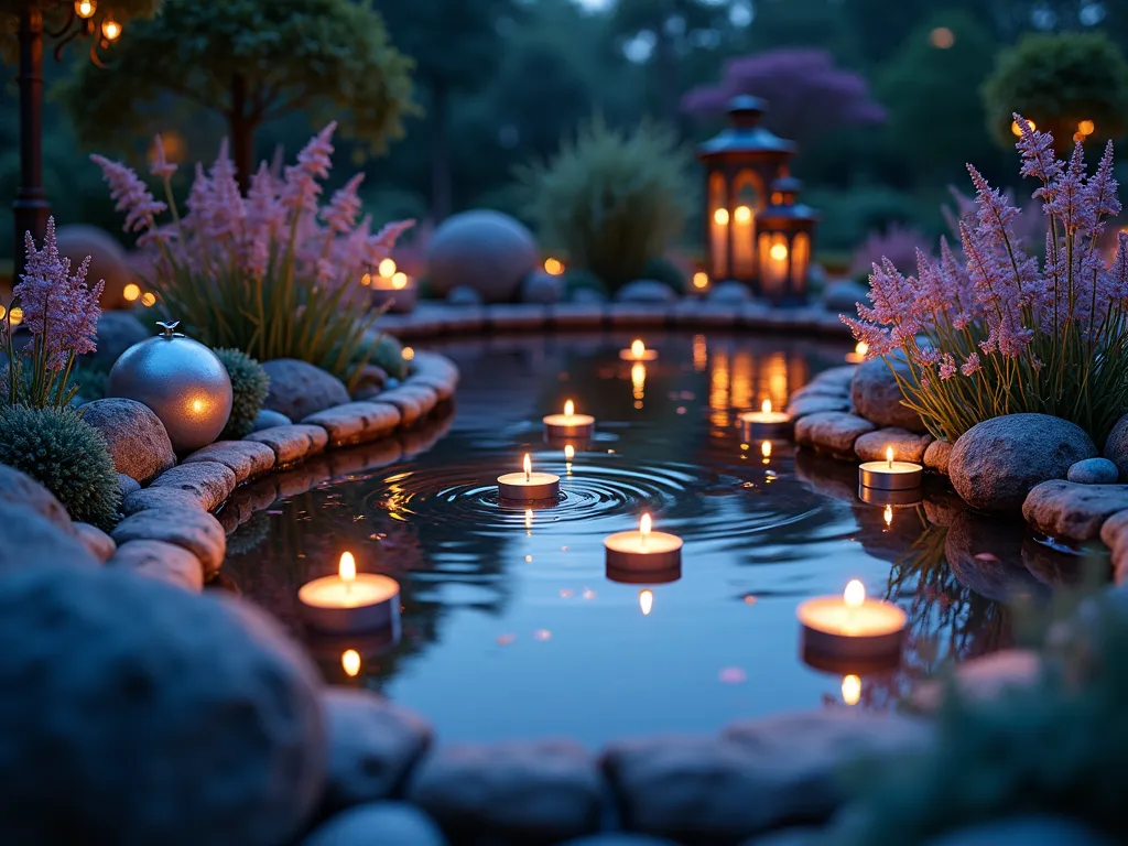 Magical Looking Glass Garden Pool at Dusk - A serene circular garden pond shot at dusk, styled as an enchanted looking glass from Alice in Wonderland. The water's surface reflects like a mirror, with delicate floating tea light candles creating golden orbs of light across the surface. Surrounding the pond are artfully arranged silver gazing balls of varying sizes, their mirror-finish surfaces catching the warm light. Japanese silver grass and artemisia plants with silvery foliage create a metallic border. Purple and blue mood lighting illuminates the scene from hidden spots, while ornate Victorian-style lanterns stand at cardinal points. The composition is shot from a low angle, capturing both the pond's reflective surface and the mystical atmosphere of the surrounding garden, with a subtle crescent moon visible in the background.