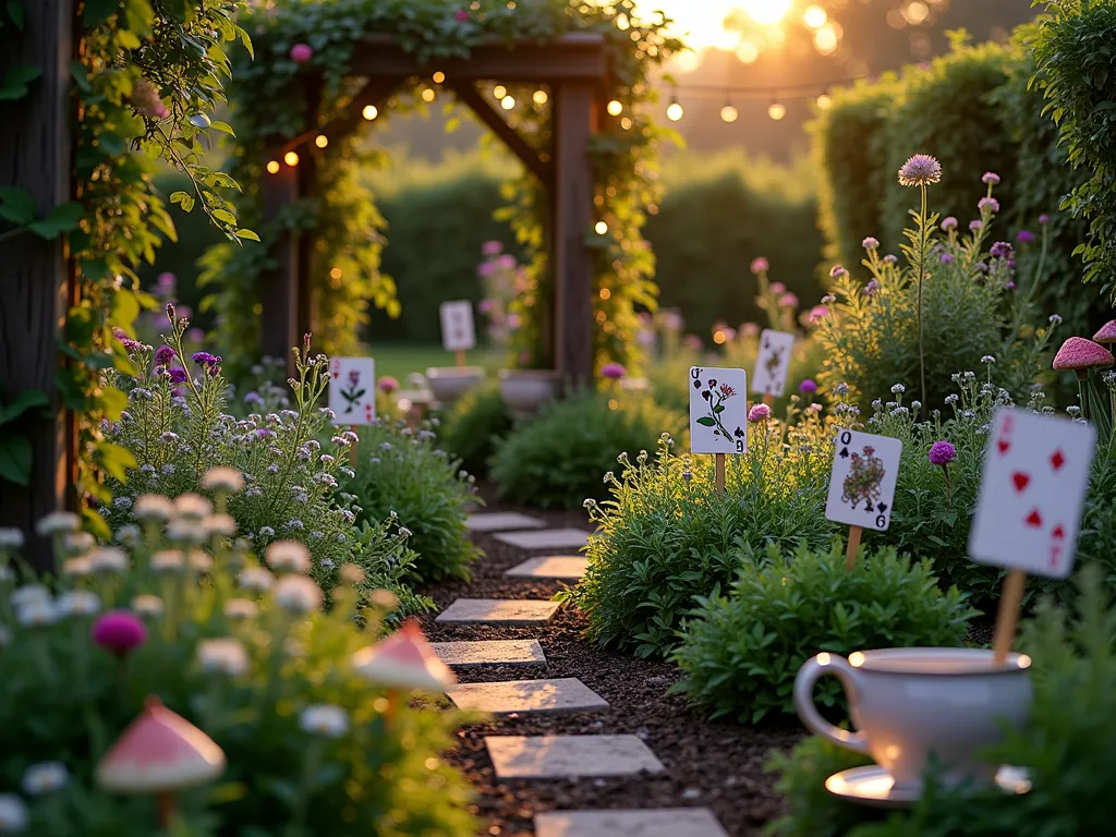 Whimsical Teacup Herb Garden at Dusk - A magical twilight garden scene featuring raised garden beds meticulously crafted in the shape of oversized vintage pocket watches and Victorian teacups, photographed with a 16-35mm lens at f/2.8, ISO 400. The beds are filled with lush herbs including chamomile, mint, and lavender, their silver-green foliage catching the last golden rays of sunset. Whimsical hand-painted signs shaped like playing cards mark each herb variety, tilted at playful angles. String lights weave through the garden, creating a dreamy atmosphere. A rustic wooden arch covered in climbing roses frames the scene, while mismatched vintage teapots serve as quirky planters scattered throughout. The garden path is lined with glowing mushroom-shaped solar lights, leading viewers through this enchanted space. The wide-angle perspective captures the entire whimsical layout while maintaining intimate detail of the herbs and decorative elements.