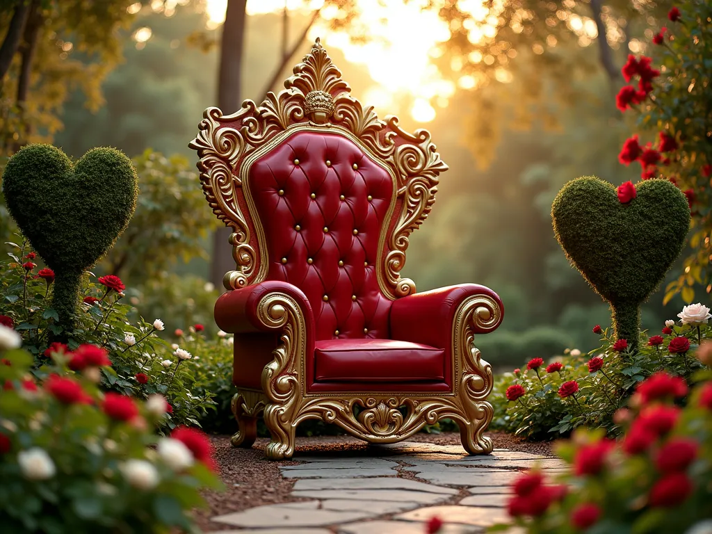 Queen of Hearts Garden Throne - Magnificent oversized garden throne crafted from ornate repurposed materials, painted in rich crimson red with elaborate gold leaf detailing, photographed at golden hour in a whimsical garden setting. The throne, standing 8 feet tall, features heart-shaped patterns and royal motifs, surrounded by meticulously manicured heart-shaped boxwood topiaries and climbing red 'Don Juan' roses. Dramatic wide-angle shot capturing the throne from a slightly low angle, with soft evening sunlight filtering through the surrounding foliage, creating a magical atmosphere. Natural stone pathway leading to the throne, bordered by red and white roses. Professional DSLR photo with perfect exposure, sharp details, and dreamy bokeh effect in background.