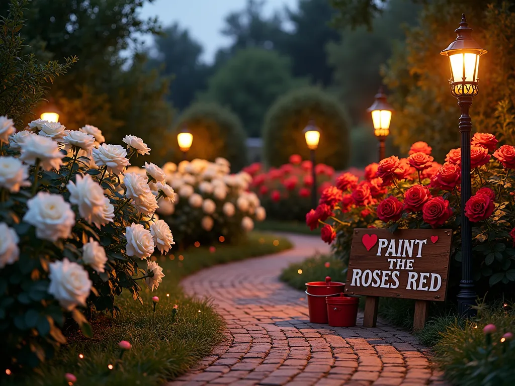 Queen's Rose Garden with Playing Card Guards - A whimsical garden scene at dusk featuring a curved pathway lined with pristine white rose bushes in full bloom, interspersed with striking red-painted roses. Ornate Victorian-style lampposts cast a warm glow across the scene. In the foreground, a rustic wooden sign with elegant gold lettering reads 'Paint the Roses Red'. Life-sized playing card guard cutouts (Ace, King, and Queen of Hearts) stand at attention among the roses, their shadows creating dramatic patterns on the garden path. Small fairy lights are woven through the rose bushes, creating a magical atmosphere. Vintage-style paint brushes and red paint buckets are artfully scattered near the base of some roses, photographed in a wide-angle perspective to capture the entire enchanted garden setting.