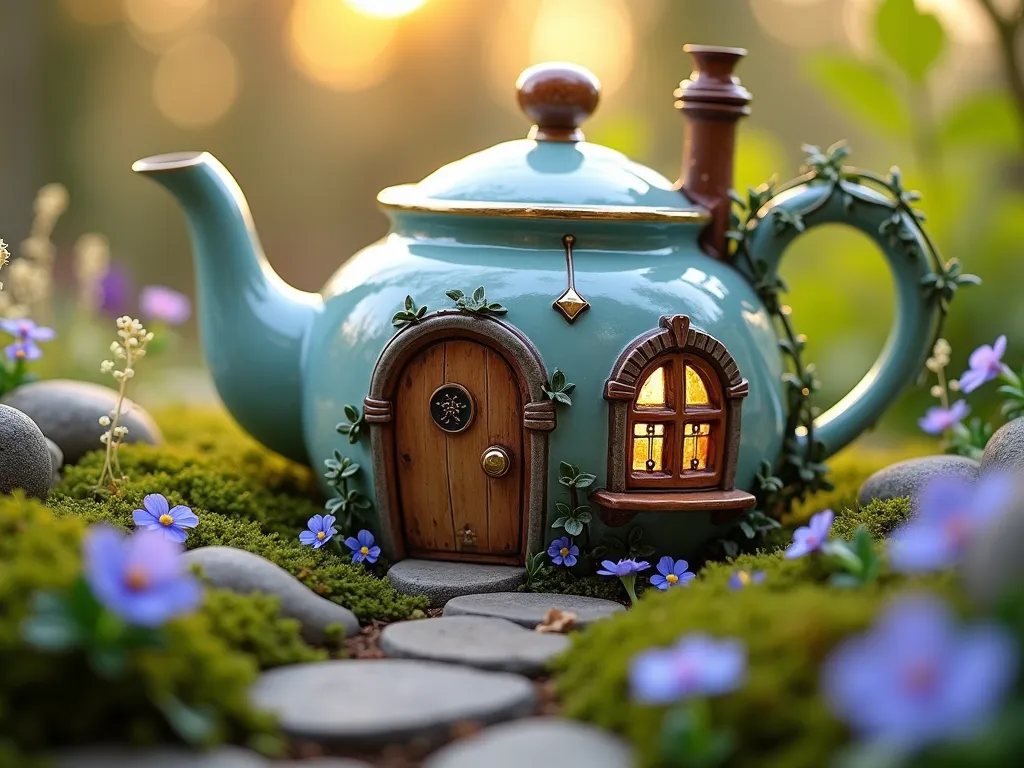 Whimsical Dormouse Teapot House in Garden - A charming close-up shot of a large vintage-style ceramic teapot lying on its side in a magical garden setting, transformed into a fairy-tale dormouse house. The teapot features a tiny wooden door with brass hardware, miniature stained glass windows, and a crooked copper chimney with wisps of smoke. Surrounding the teapot house is a dreamy arrangement of blooming forget-me-nots, tiny purple violets, and delicate baby's breath creating a soft, ethereal border. Moss-covered stones form a winding pathway to the door, while trailing ivy decoratively wraps around the teapot's spout. The scene is captured in the golden hour, with soft sunlight filtering through nearby foliage, casting a warm, magical glow on the whimsical creation. The composition includes shallow depth of field to emphasize the intricate details of the teapot house while creating a dreamy, bokeh effect in the background garden.