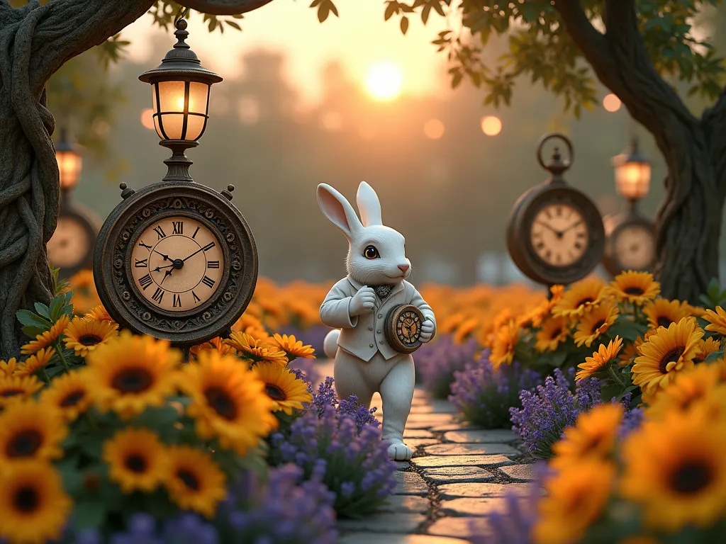 White Rabbit's Enchanted Clock Garden - Whimsical garden scene at dusk with golden sunflowers and orange gazanias arranged in a circular clock pattern, their faces mimicking clock numerals. Ornate vintage bronze clock faces on weathered metal stakes rise between the flowers, catching the last rays of sunset. A detailed white marble rabbit sculpture, wearing a waistcoat and holding a pocket watch, dashes through a winding garden path lined with lavender. Antique-style lamp posts cast a warm glow across the scene, while oversized pocket watches hang from twisted tree branches. Shot from a low angle to emphasize the magical atmosphere, with dreamy bokeh effects and subtle fairy lights twinkling in the background. Photorealistic, highly detailed, magical garden photography style.