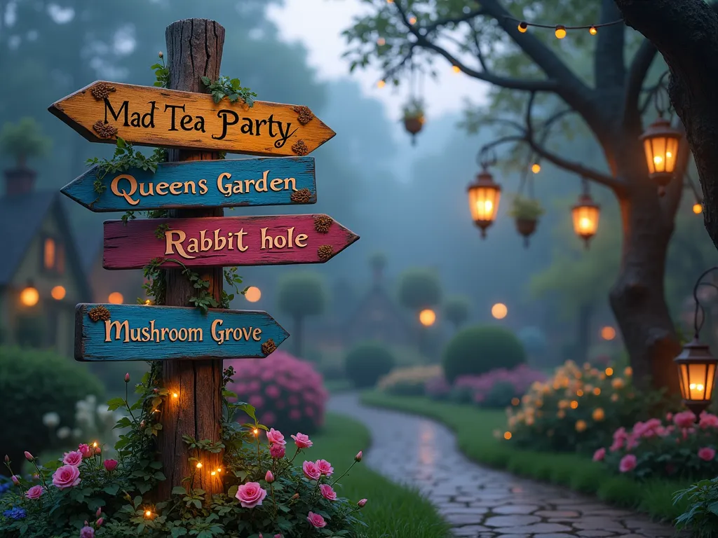 Whimsical Alice in Wonderland Garden Signpost at Dusk - A magical garden scene at dusk featuring a tall, weathered wooden signpost with multiple colorful arrows pointing in different directions. The arrows are hand-painted in vibrant pastels and bold colors, with gilded edges and Victorian-style lettering indicating 'Mad Tea Party ➜', 'Queen's Garden ↑', 'Rabbit Hole ↓', and 'Mushroom Grove ←'. The signpost is surrounded by climbing roses and morning glories, with twinkling fairy lights wrapped around its base. The background shows a misty English cottage garden with topiary shapes and a curved garden path. Glowing lanterns hang from nearby tree branches, creating an enchanted atmosphere. Photorealistic, cinematic lighting, depth of field, magical atmosphere.