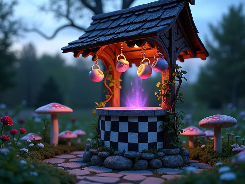 Enchanted Alice in Wonderland Wishing Well at Twilight - A whimsical garden wishing well at twilight, featuring ornate Victorian-style architecture with swirling black and white checker patterns painted on its stone base. Delicate vintage teacups in pastel colors hang from copper chains around the well's peaked roof. Strategically placed mirrors create infinite reflections, while soft purple and blue LED lights illuminate the well from within, creating a magical glow. Rose vines with both red and white blooms climb the structure. The surrounding garden path features oversized mushrooms and a border of wild daisies. Shot from a low angle with the dusky sky visible, capturing the ethereal atmosphere of the scene.