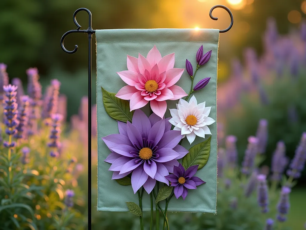 3D Fabric Flower Garden Flag at Sunset - A close-up shot of an elegant garden flag featuring handcrafted 3D fabric flowers in shades of purple, pink, and white against a sage green base fabric. The dimensional flowers, made from weather-resistant fabric, cast gentle shadows in the warm golden hour light. The flag gently waves in the evening breeze, displayed on a decorative metal stake near a blooming cottage garden. Background shows soft-focused lavender plants and ornamental grasses. Photorealistic, high detail, professional garden photography style, with shallow depth of field highlighting the intricate textile work of the flowers.