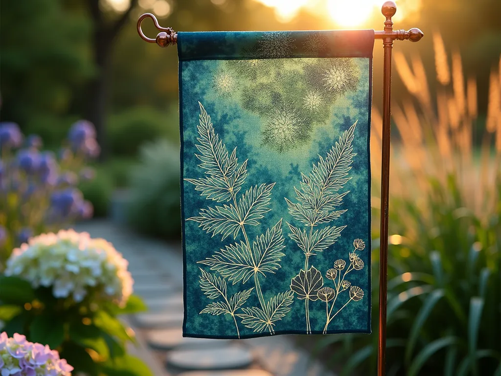 Batik Garden Flag with Fern Motifs - Close-up shot of a handcrafted garden flag displaying an elegant batik design with intricate fern and wildflower patterns in rich indigo and emerald dyes. The flag gently waves in a morning breeze, catching golden sunrise light that illuminates its organic patterns. Set against a blurred garden background featuring flowering hydrangeas and ornamental grasses, with morning dew visible on the delicate wax-resist details of the natural motifs. The artistic flag is mounted on a decorative copper pole near a rustic stone pathway.