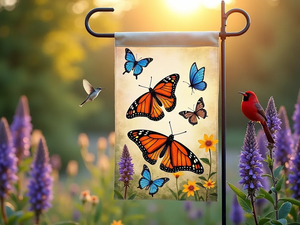 Butterfly Garden Flag at Dawn - A close-up shot of a handmade garden flag fluttering gently in the morning breeze, featuring vibrant painted monarchs and blue swallowtail butterflies against a soft cream background. The flag is positioned in a lush garden setting with purple coneflowers and butterfly bush in bloom. Morning dew sparkles on the surrounding plants as golden sunrise light filters through, creating a magical atmosphere. A hummingbird hovers near the flag's edge, while a cardinal perches on a nearby shepherd's hook holding the flag. The artistic style combines watercolor-like effects with detailed wildlife illustrations.