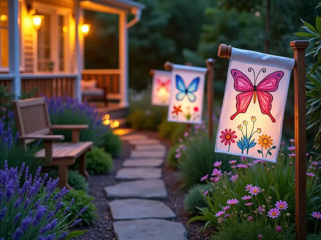 Children's Garden Flag Art Display - A heartwarming twilight garden scene showing three colorful handmade garden flags fluttering in a gentle breeze, each displaying children's artwork transferred onto white fabric. The flags feature vibrant crayon drawings of flowers, butterflies, and a family portrait. They're mounted on decorative wooden poles along a winding garden path bordered by blooming lavender and cosmos flowers. Warm porch lights in the background cast a gentle glow, while solar-powered garden lights illuminate the flags. A rustic wooden bench nearby creates a cozy viewing spot, with climbing roses on a trellis behind it. The scene captures both close-up details of the artistic transfers and the wider garden setting, showing how the flags create a personal touch in the family garden space.