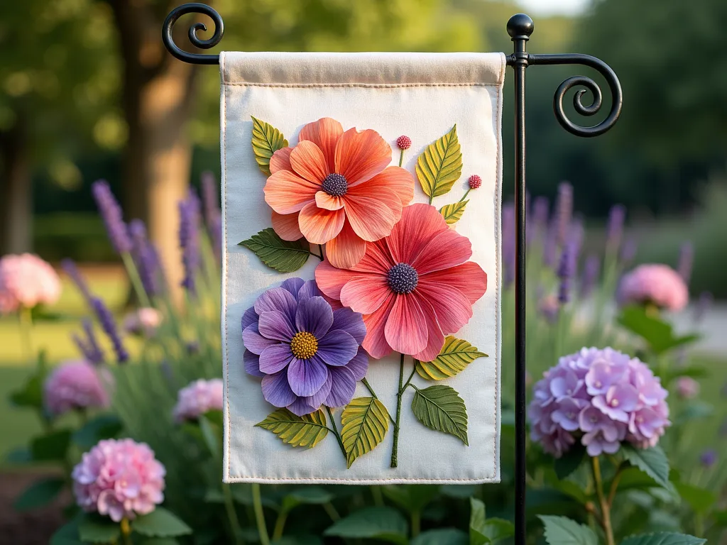 Dimensional Appliqué Garden Flag Display - A close-up shot of a handcrafted garden flag featuring layered fabric appliqué flowers in vibrant colors of coral, purple, and yellow against a crisp white background, gently swaying in a morning breeze. The three-dimensional fabric flowers, complete with detailed stitching and raised petals, cast subtle shadows on the flag's surface. The flag is elegantly displayed on a decorative metal stand amid a backdrop of blooming hydrangeas and lavender plants in a well-maintained garden border. Soft morning sunlight filters through nearby trees, creating a warm, inviting atmosphere and highlighting the textural details of the appliqué work. Shot with shallow depth of field to emphasize the intricate handwork while maintaining context of the garden setting.