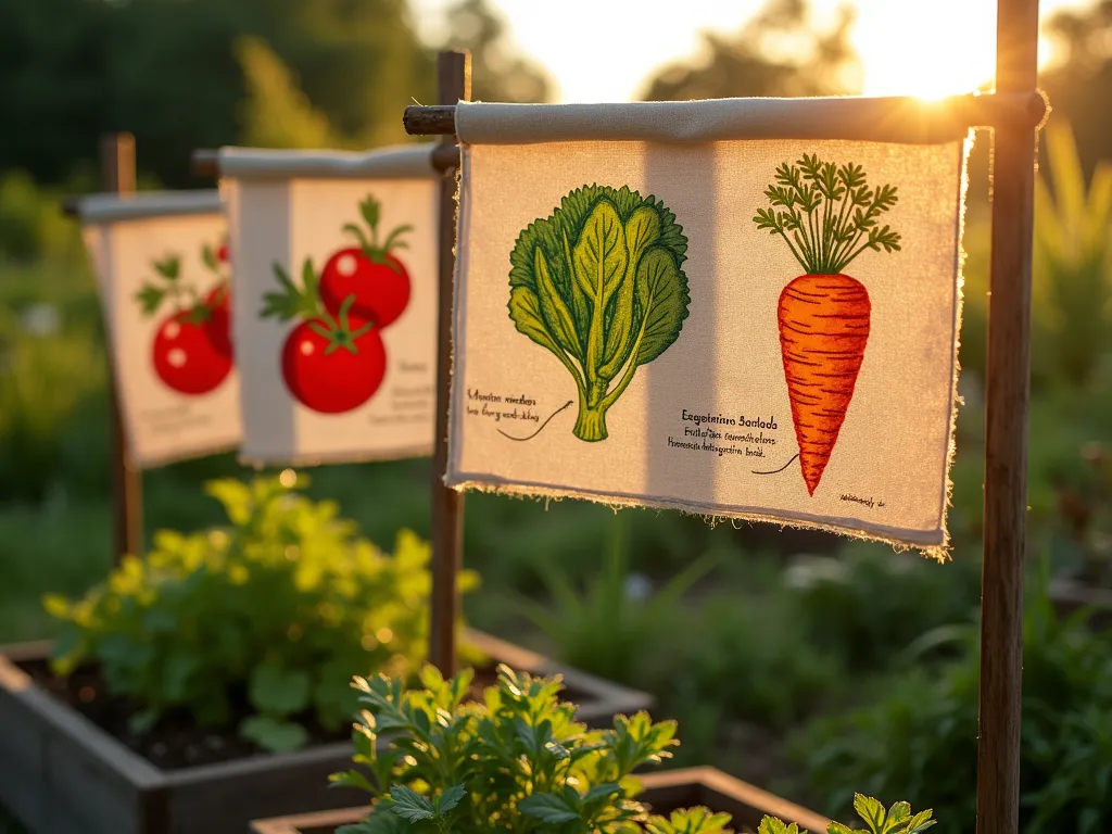 Educational Vegetable Garden Flag Display - Close-up shot of handcrafted garden flags displayed in a rustic vegetable garden at golden hour. Three colorful fabric flags feature detailed illustrations of tomatoes, lettuce, and carrots with planting information beautifully hand-painted. Flags gently wave in the evening breeze, mounted on weathered wooden stakes between raised garden beds filled with thriving vegetables. Soft sunlight filters through the flags, creating a warm, educational atmosphere. Shot with shallow depth of field highlighting the artistic details of the flags while garden greenery provides a natural backdrop. 16mm lens captures the intimate setting with professional lighting techniques enhancing the textural details of the fabric and paint.