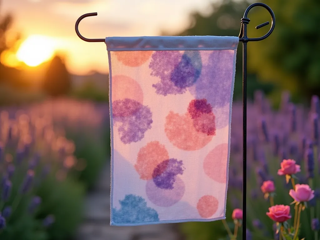 Ethereal Watercolor Garden Flag at Sunset - A close-up photographic shot of a handmade garden flag gently waving in the evening breeze, showcasing delicate watercolor-style abstract patterns in soft purples, blues, and coral hues. The flag is mounted on a decorative pole near a cottage garden path, with blurred lavender and roses in the background. The setting sun creates a golden backlight that illuminates the translucent qualities of the fabric, highlighting the unique salt-created textures that form crystalline patterns throughout the design. Shot with shallow depth of field at f/2.8, creating a dreamy, bokeh effect that enhances the ethereal quality. The textured white cotton fabric shows subtle variations in the dye absorption, creating organic flowing patterns reminiscent of blooming flowers and garden foliage.