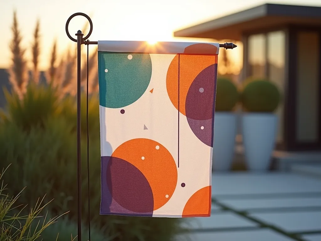 Modern Abstract Garden Flag Display - A close-up shot of a sleek, contemporary garden flag featuring bold geometric shapes in vibrant teal, orange, and deep purple against a crisp white background. The flag gently waves in a modern garden setting at golden hour, with blurred contemporary planters and architectural grasses in the background. The flag's design showcases overlapping circles, triangles, and bold lines created with professional fabric paint, casting subtle shadows on its surface. Shot with shallow depth of field highlighting the flag's textural details while maintaining the context of a minimalist garden space. The late afternoon sun creates a warm glow, emphasizing the flag's dynamic patterns and modern aesthetic.