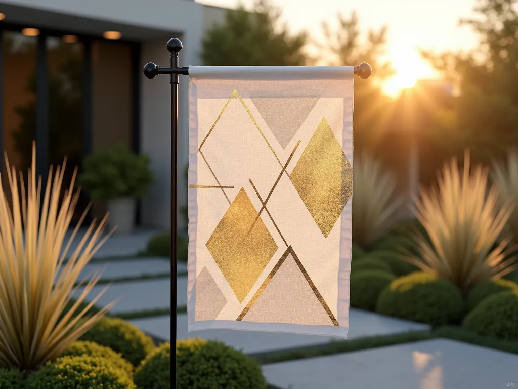 Modern Geometric Garden Flag Display - A close-up shot of an elegant garden flag featuring overlapping metallic gold and silver geometric patterns on crisp white fabric, backdropped by a contemporary garden setting at golden hour. The flag gently waves in the breeze, mounted on a sleek black metal stand amid a modern landscaped garden bed with architectural grasses. The geometric patterns include hexagons, triangles, and diamond shapes that create a sophisticated 3D effect. The late afternoon sun catches the metallic paint, creating a subtle sparkle effect. Shot with shallow depth of field focusing on the flag's intricate stenciled details, while the background shows soft-focused ornamental grasses and modern garden elements.