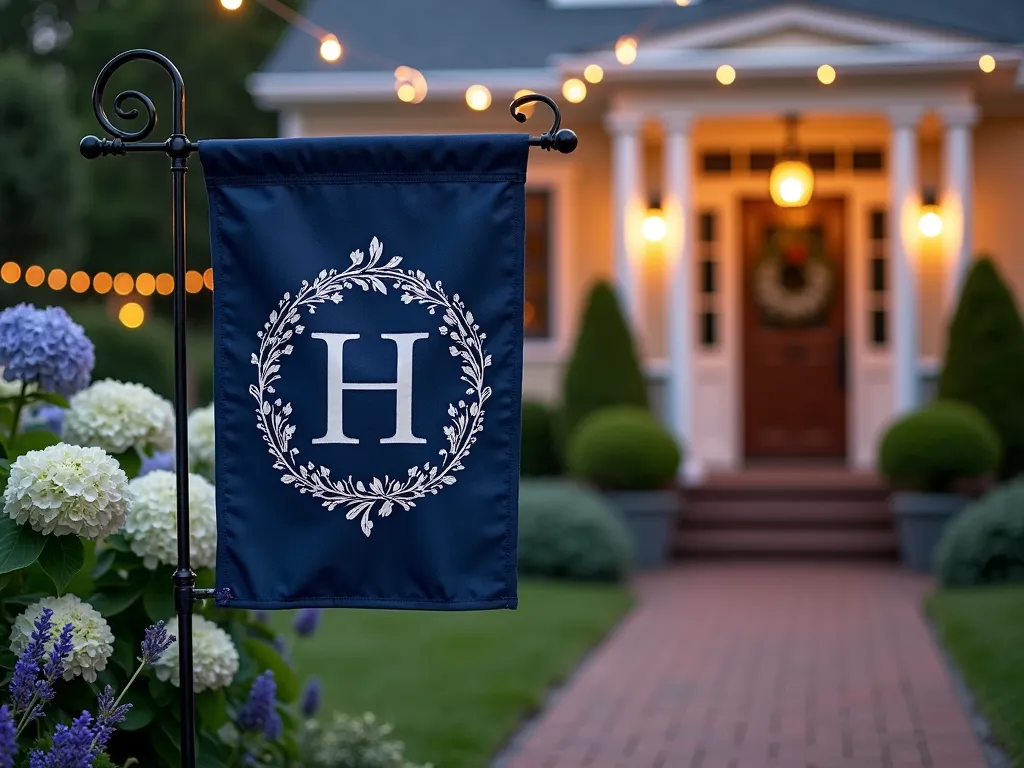 Elegant Monogram Garden Flag at Dusk - A sophisticated garden flag gently swaying in the evening breeze, showcasing an elegant white monogram on navy blue canvas, positioned along a winding garden path. The flag is mounted on a decorative iron pole, surrounded by blooming hydrangeas and lavender. Soft dusk lighting casts a warm glow on the scene, while string lights twinkle in the background across a wooden pergola. The weathered canvas texture is visible in detail, with a subtle sheen from the protective clear coat. A classic brick pathway leads to a charming cottage-style front porch, creating a welcoming entrance setting.