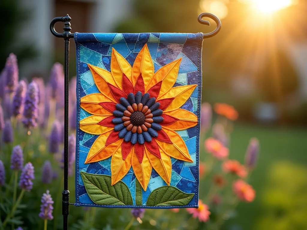 Mosaic Garden Flag in Morning Light - A close-up DSLR photo of a handmade garden flag featuring an intricate mosaic pattern made from colorful fabric pieces, captured during golden morning light. The flag displays a stunning arrangement of blue, yellow, orange, and purple fabric squares creating a geometric sunflower design. The flag gently waves in the breeze, mounted on a decorative garden stake near a blooming cottage garden. The background shows soft-focused lavender and cosmos flowers, creating depth and context. Natural sunlight highlights the detailed topstitching and various fabric textures, while dew drops on surrounding plants add sparkle to the scene. Shot with a wide-angle lens at f/8, showcasing professional depth of field and crisp detail.