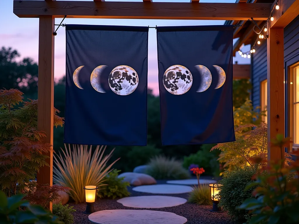 Mystical Moon Phase Garden Flags at Twilight - A serene garden scene at twilight, featuring an elegant series of hanging garden flags displaying the phases of the moon in metallic silver and gold paint on deep indigo fabric. The flags are gently swaying in front of a tranquil zen garden with a stone pathway. Each flag captures a different moon phase in a minimalist, artistic style, creating a mystical atmosphere. Soft landscape lighting illuminates the flags from below, making the metallic paint shimmer. Japanese maple trees and tall ornamental grasses frame the scene, while string lights twinkle in the background. A wooden pergola partially visible, supporting the flags. Photographed in a wide angle to capture the entire ethereal display, with the last rays of sunset creating a purple-blue gradient in the sky.