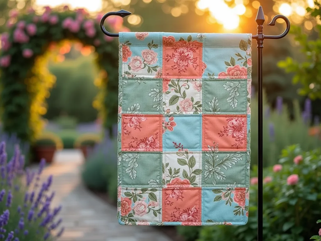 Whimsical Patchwork Garden Flag at Sunset - A close-up shot of a handmade garden flag featuring an elegant patchwork design, composed of vintage floral prints and modern geometric patterns in soft pastel blues, sage greens, and warm coral tones. The flag gently waves in the evening breeze, backlit by golden sunset light filtering through nearby flowering shrubs. The flag is mounted on a decorative iron stake near a curved garden path lined with lavender and Russian sage, creating a dreamy cottage garden atmosphere. The patchwork squares are meticulously stitched together, showing both traditional and contemporary quilting patterns, with subtle texture visible in the fabric's weave. The background reveals a blurred view of a charming garden arbor covered in climbing roses.