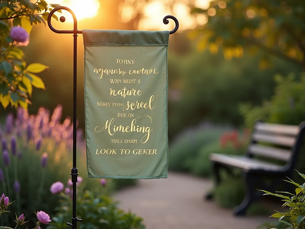 Poetic Garden Flag at Sunset - A serene garden scene at golden hour, featuring an elegant fabric garden flag gently swaying in the evening breeze. The flag displays beautifully scripted verses about nature in metallic gold calligraphy against a soft sage green background. Situated along a winding garden path lined with lavender and roses, the flag is mounted on a decorative wrought iron stake. Soft bokeh lighting filters through nearby Japanese maple leaves, creating a dreamy atmosphere. A rustic wooden bench sits nearby, suggesting a peaceful spot for contemplation. The composition is captured from a slightly low angle, emphasizing the flag against the warm sunset sky, with the garden elements softly blurred in the background.