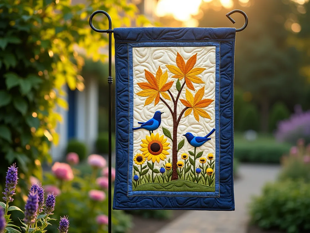 Quilted Garden Flag with Nature Scene - Close-up DSLR photo of an elegant quilted garden flag hanging in a lush garden setting, captured during golden hour. The flag features an intricate machine-quilted design depicting a whimsical garden scene with embroidered sunflowers, blue birds, and a maple tree. The detailed textile art shows dimensional texture through precise quilting patterns, with weather-resistant navy and cream fabrics creating depth. Soft sunlight filtering through nearby trees casts gentle shadows across the quilted surface, highlighting the three-dimensional nature of the batting. The background shows a blurred cottage garden with climbing roses and lavender. Shot with shallow depth of field focusing on the quilted details, professional lighting emphasizing texture, 16mm wide-angle lens, f/8, ISO 100, 1/125 sec