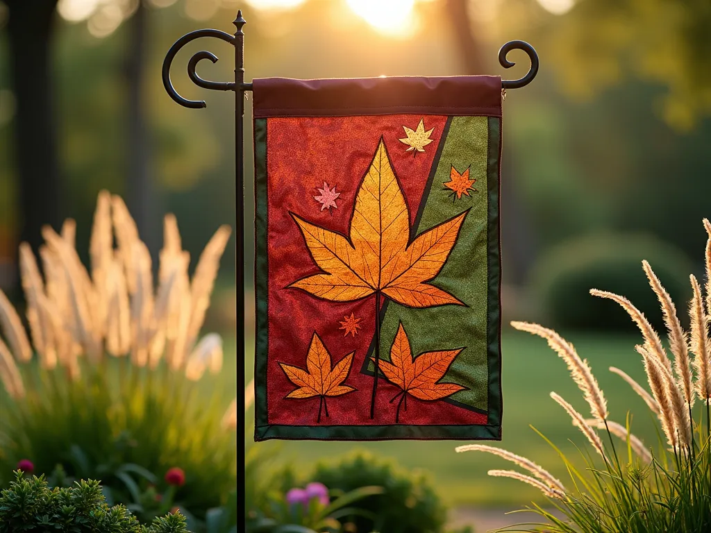 Elegant Autumn Garden Flag with Reverse Appliqué Leaves - Close-up shot of an artisanal garden flag gently waving in a golden afternoon light, showcasing exquisite reverse appliqué technique with burgundy and copper-colored fabric layers. Intricate maple and oak leaf cutouts reveal rich emerald green fabric underneath, creating a sophisticated 3D effect. The flag is mounted on a decorative wrought iron stake, positioned in a well-manicured garden bed with ornamental grasses swaying in the background. Soft bokeh effect captures dappled sunlight filtering through nearby trees, highlighting the textural details of the layered fabric design.