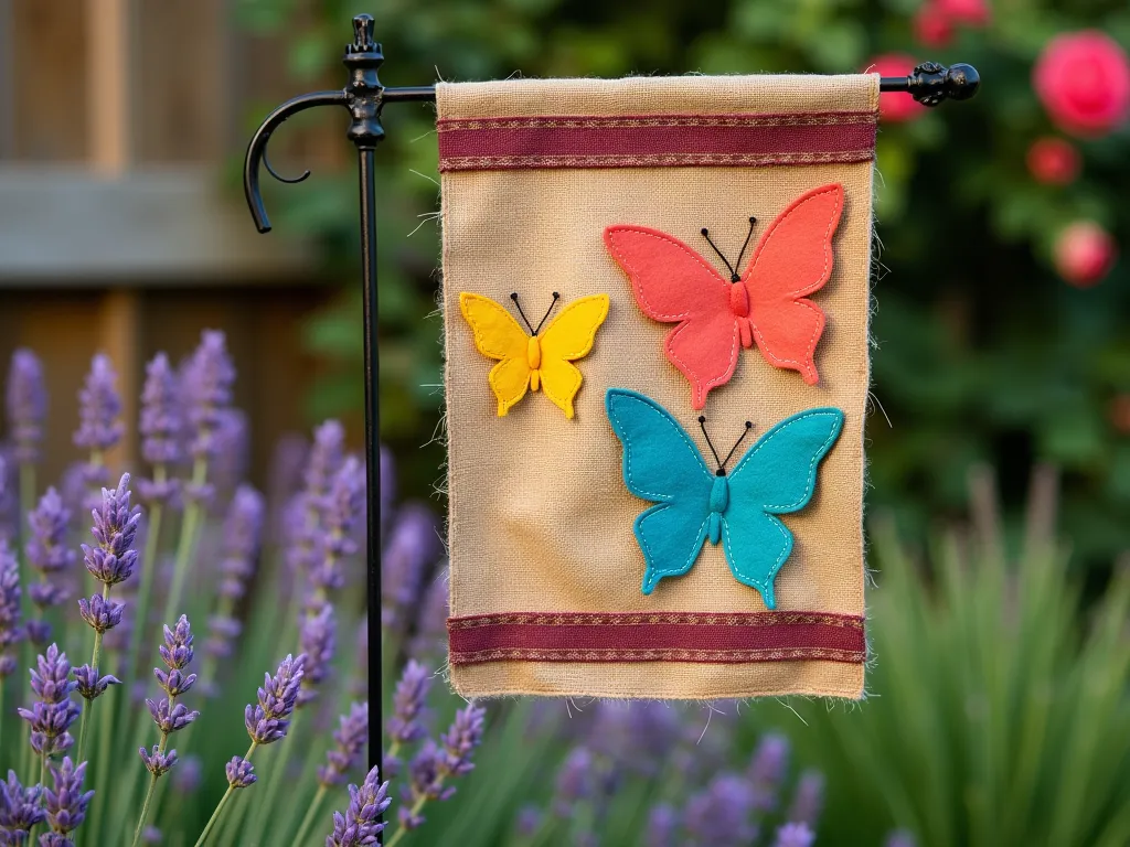 Rustic Butterfly Garden Flag at Dawn - Close-up shot of a handcrafted garden flag made from natural burlap, gently swaying in the morning breeze. The flag features three large, intricately cut felt butterflies in shades of coral, turquoise, and yellow, arranged in a flying pattern against the textured burlap background. Decorative burgundy ribbon borders frame the flag, while subtle golden fabric paint accents catch the warm dawn light. The flag is mounted on a decorative iron stake near a bed of flowering lavender, with a rustic wooden fence and climbing roses softly blurred in the background. Shot with shallow depth of field to emphasize the delicate details of the butterflies and burlap texture. Morning dew drops glisten on the surrounding garden foliage.