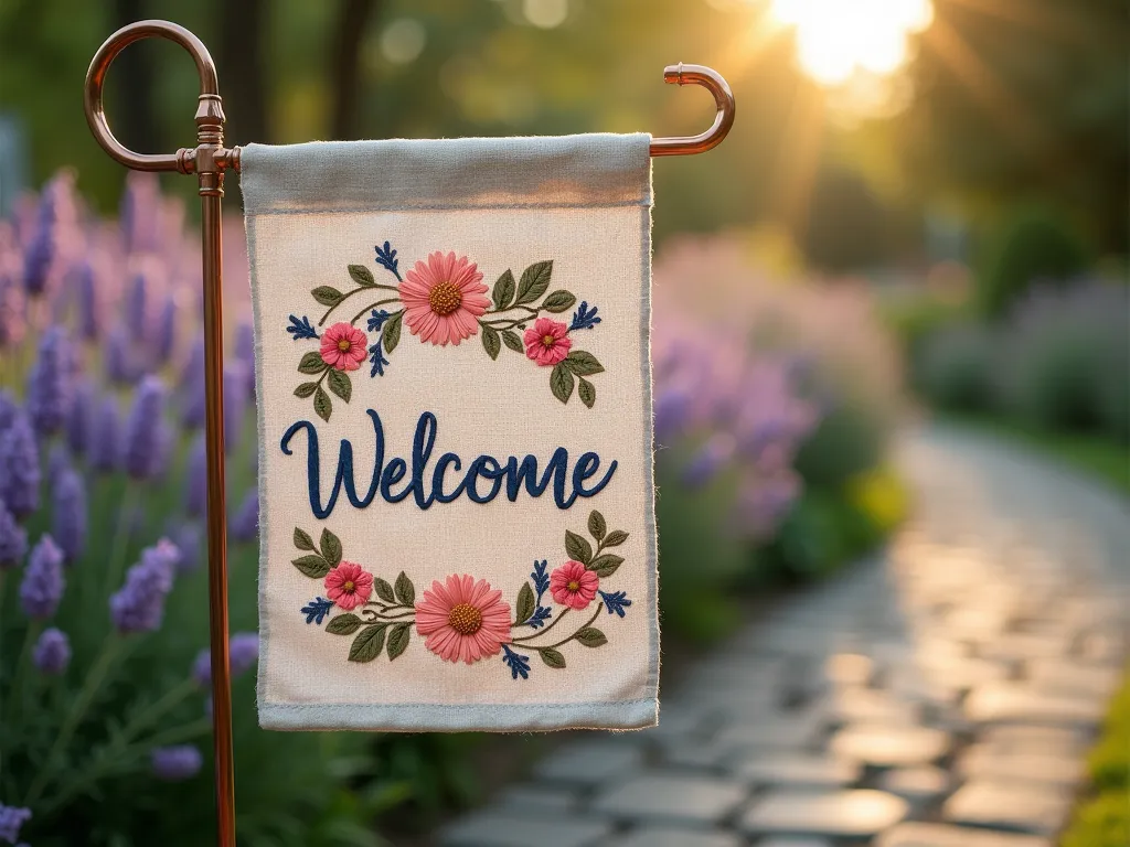 Rustic Embroidered Garden Flag Welcome - Close-up shot of a handcrafted garden flag with beautifully embroidered 'Welcome' text in navy blue and coral threads against natural linen fabric, featuring delicate floral border patterns in weatherproof thread. The flag gently waves in a light breeze, mounted on a vintage-style copper pole near a cobblestone garden path. Soft late afternoon sunlight casts warm shadows across the textured embroidery, while blurred lavender and cottage roses create a dreamy bokeh effect in the background. Shot with shallow depth of field highlighting the intricate needlework details.