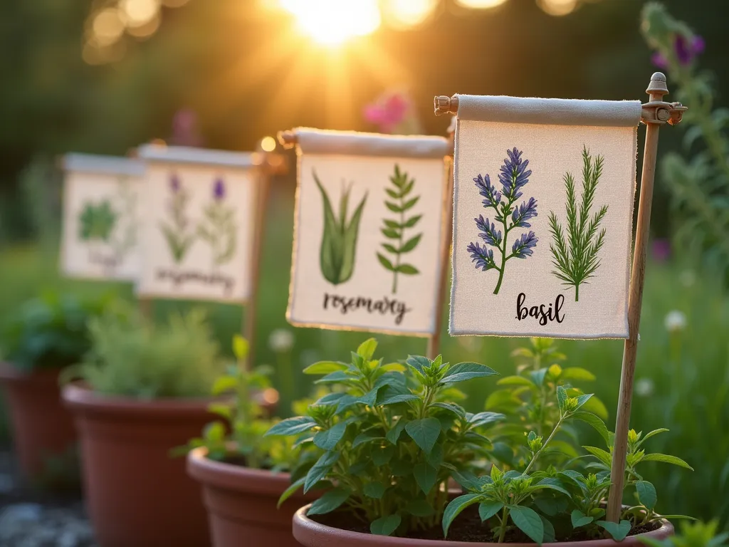 Rustic Herb Garden Flag Labels at Sunset - Close-up shot of handcrafted linen garden flags with beautifully illustrated herbs and calligraphy text, marking a raised herb garden bed at golden hour. The flags feature watercolor illustrations of sage, rosemary, and basil with their botanical names. Natural wooden stakes hold the flags, which gently wave in the evening breeze. Soft bokeh effect in background shows a rustic cottage garden with weathered terracotta pots. Warm sunset light filters through the herbs, creating magical highlights on the textured fabric flags. Shot with shallow depth of field highlighting the detailed illustrations and hand-lettering.