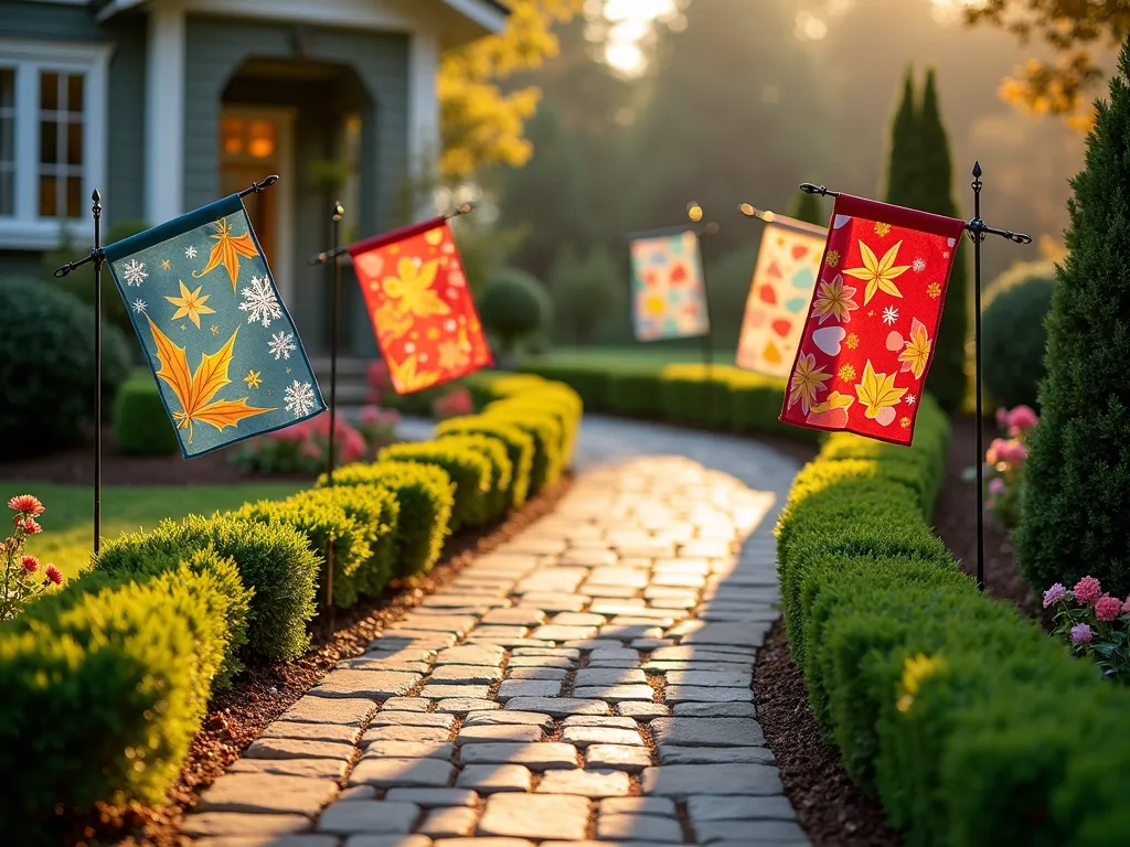 Seasonal Garden Flag Collection - A professional DSLR wide-angle shot of an enchanting garden path lined with decorative flag stands, each displaying vibrant holiday-themed garden flags. The scene features a Christmas flag with snowflakes and holly, an autumn flag with golden leaves, a spring flag with pastel Easter eggs, and a summer flag with patriotic motifs. Golden hour lighting casts warm shadows across a well-maintained garden backdrop with flowering shrubs. The flags gently wave in the breeze, creating movement in the composition. The path is bordered by neat boxwood hedges and seasonal blooms, while a charming cottage-style porch is visible in the background. Shot at f/8 with natural lighting highlighting the intricate details of each flag's design.